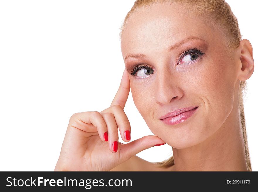 Beautiful thoughtful woman looking up pictured in studio on white background. Beautiful thoughtful woman looking up pictured in studio on white background