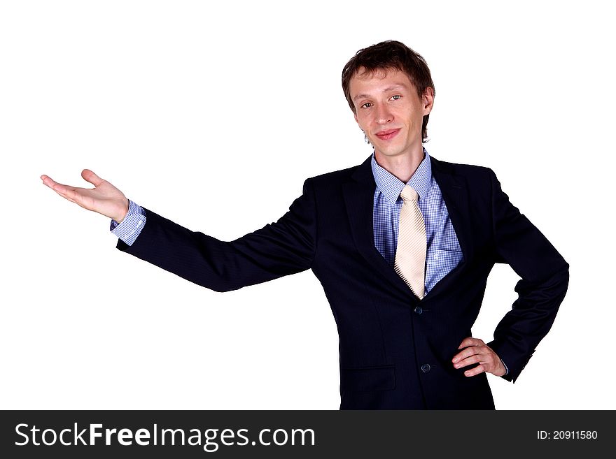 Young business man gesturing in studio isolated