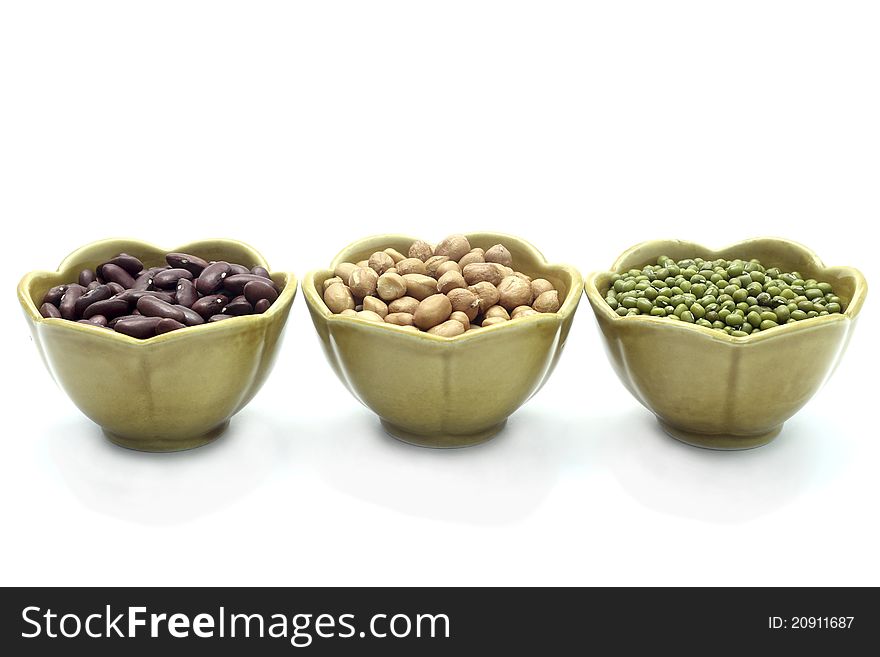 Red bean, mung beans, Peanut in cup on a white background. Red bean, mung beans, Peanut in cup on a white background.