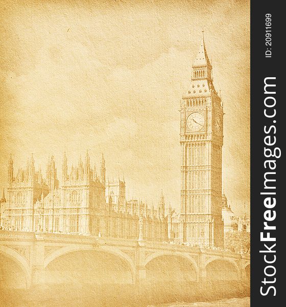 Vintage paper textures. Buildings of Parliament with Big Ben  tower in London UK view from Themes river. aged paper texture.