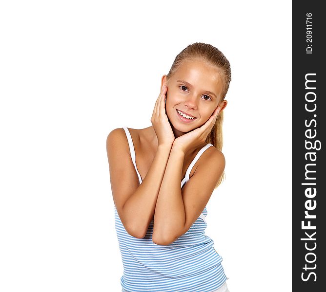 Portrait of pretty teenage girl in studio against white background