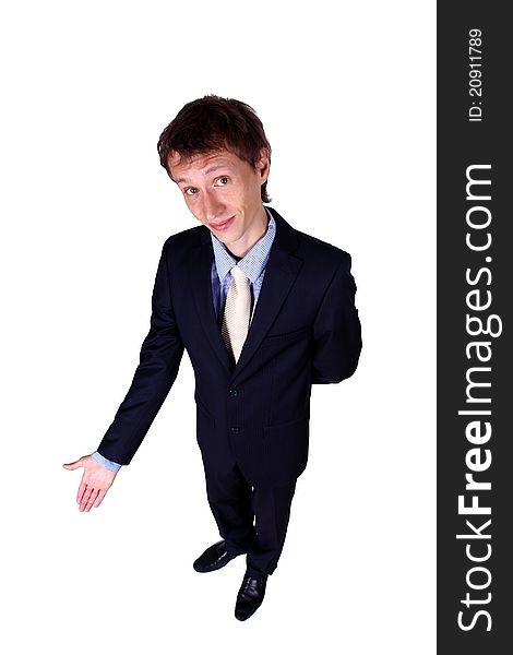 Young business man gesturing in studio isolated