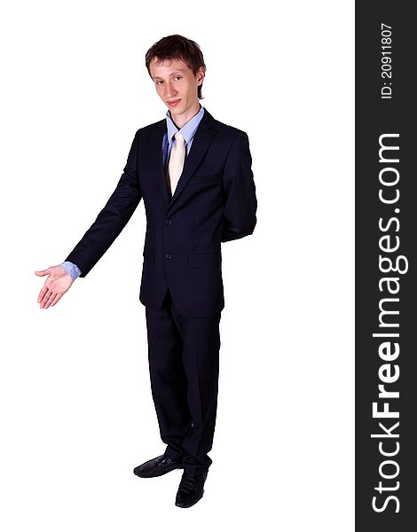 Young business man gesturing in studio isolated