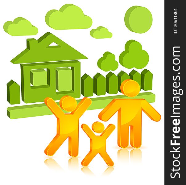 Sticker with family, house, fence and plant, vector illustration