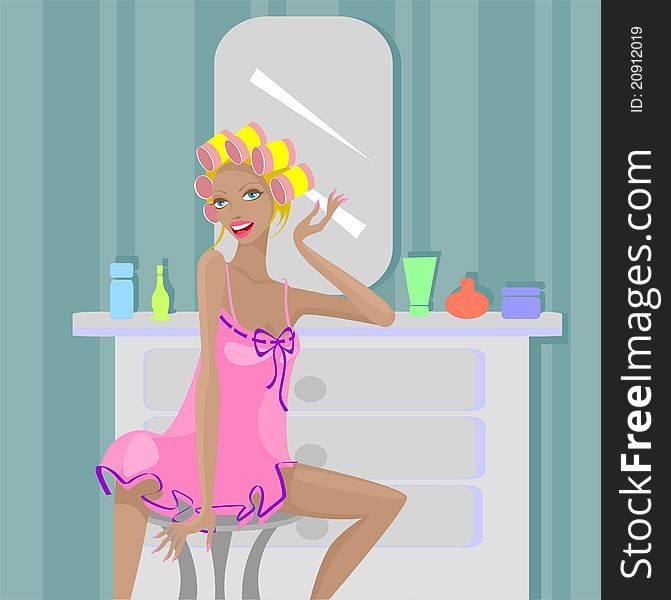 Woman with curlers sitting next to the mirror