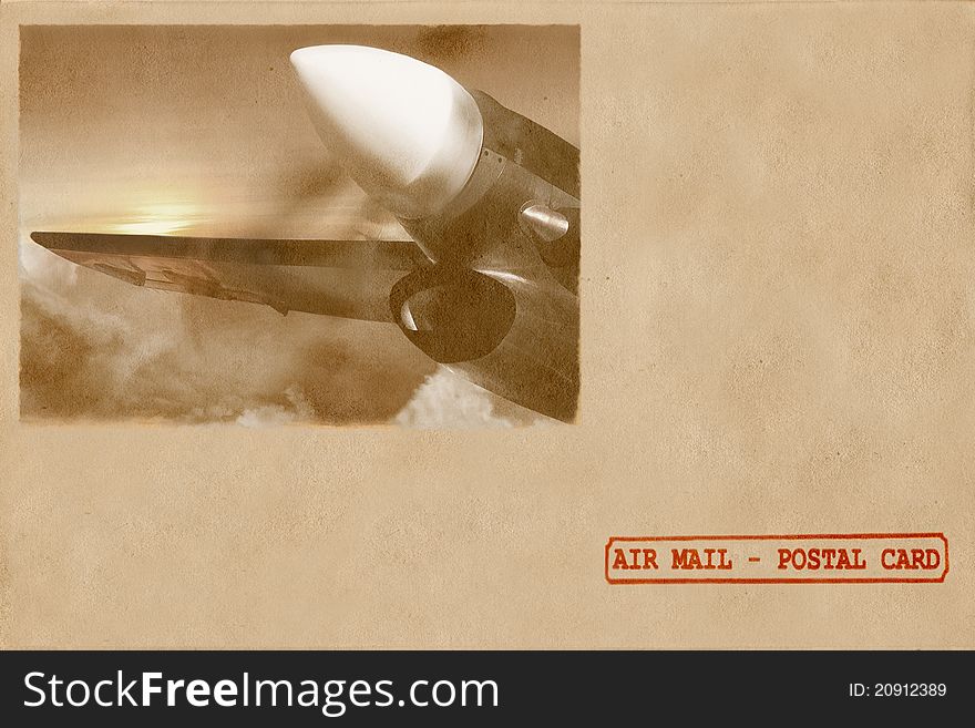 Sunrise of aviation. Retro postal card, envelope