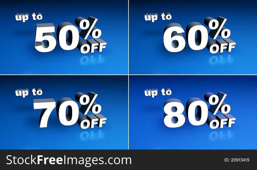 Up to fifty, sixty, seventy and eighty percent off plates. 3d rendering. Up to fifty, sixty, seventy and eighty percent off plates. 3d rendering.