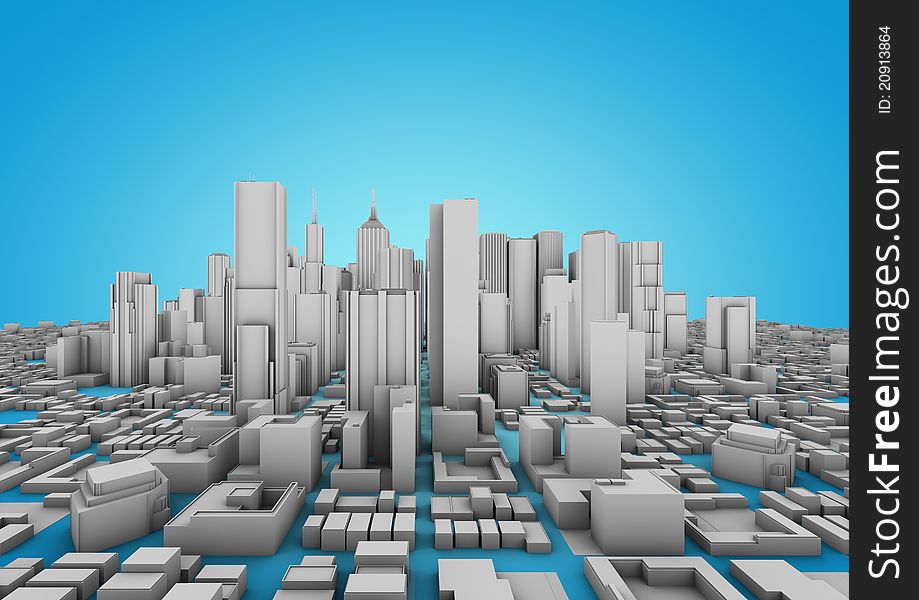 Render of a white city on a beautiful blue background. Render of a white city on a beautiful blue background