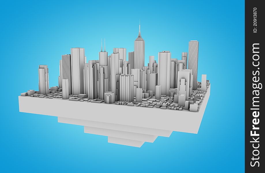 Render of a white floating city on a blue background