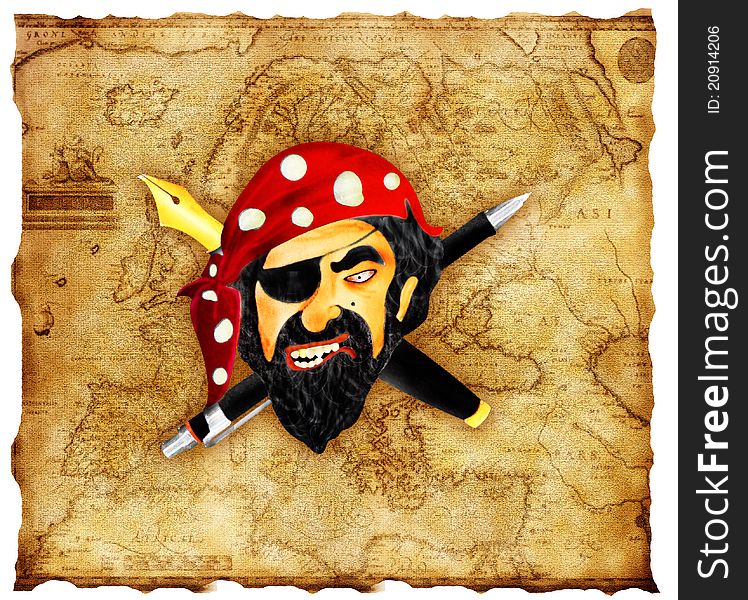 Pirate face with a eye-fold and a golden tooth, in a ancient map background, pen and a pencil as crossbones. Pirate face with a eye-fold and a golden tooth, in a ancient map background, pen and a pencil as crossbones.