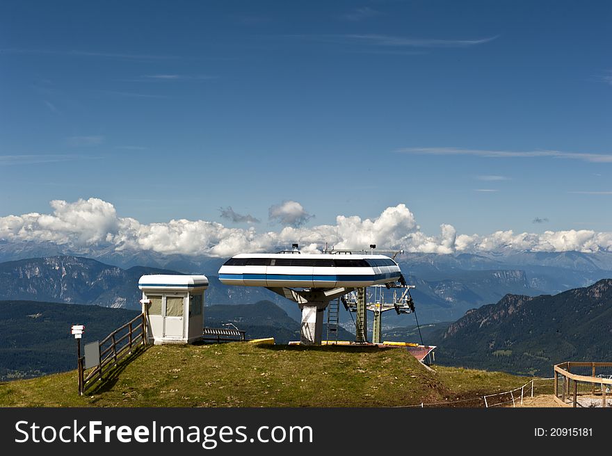 Arrival of the lift and panoramic mountain ranges of the Alps. Arrival of the lift and panoramic mountain ranges of the Alps