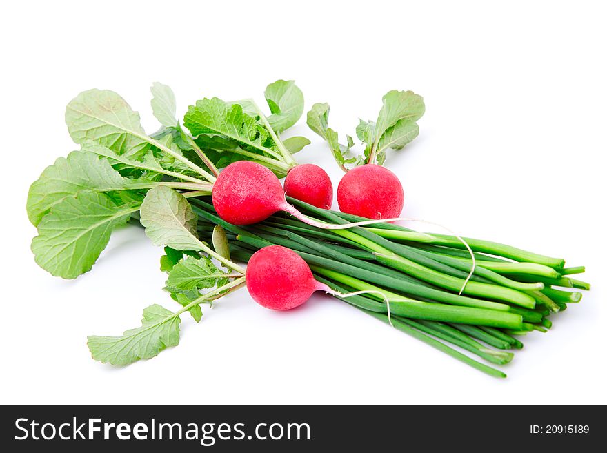 Bunch of fresh radish with green onion (Chive), on white background