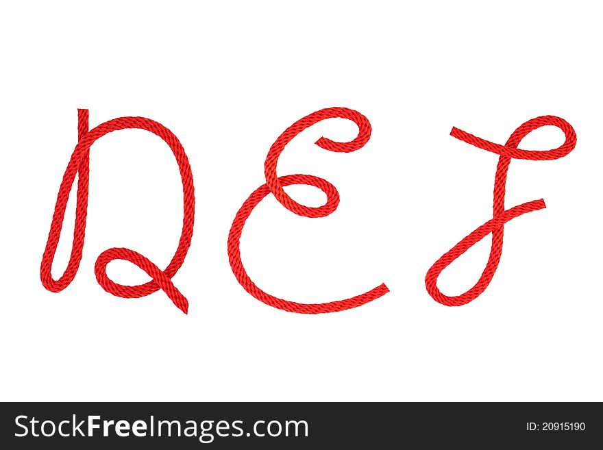 Red fiber rope bent in the form of letter D,E,F