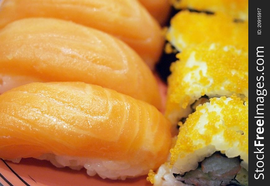 Japanese-style sushi, salmon, delicious. Japanese-style sushi, salmon, delicious.