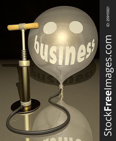 Business air pump blow gold baloon economic smile burble with gleam reflection in dark crisis environment