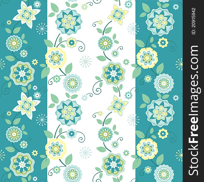 Striped seamless floral pattern with decorative flowers