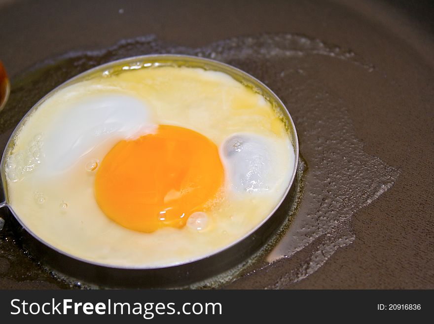 Fried egg on frying pan background