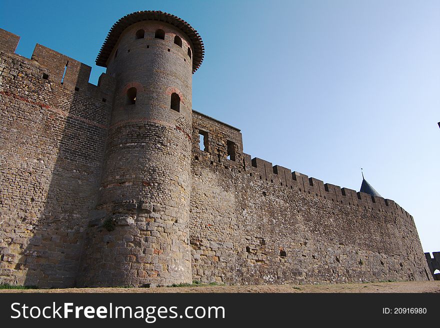 Walls of Carcassonne castle in France, Languedoc