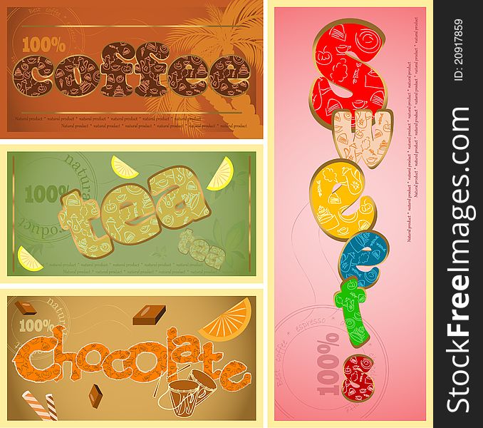 Tags set - coffee, tea, chocolate and sweets. Tags set - coffee, tea, chocolate and sweets