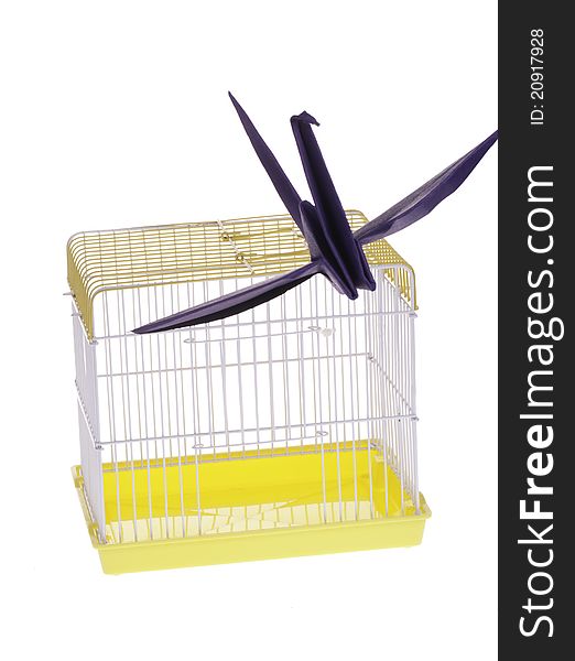 A purple bird escape from a yellow cage to freedom. A purple bird escape from a yellow cage to freedom