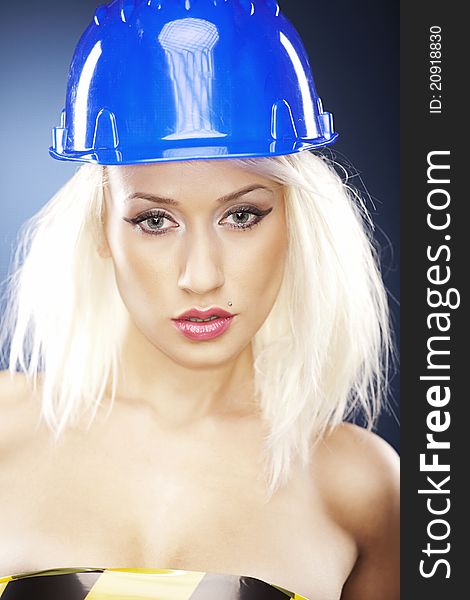 Blonde model with helmet