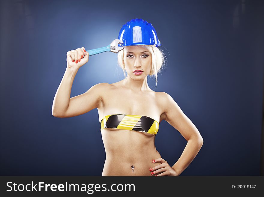Blonde Girl With Construction Helmet