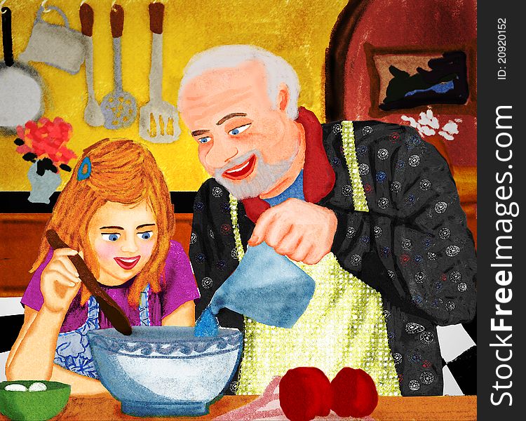 Grandfather and granddaughter having a nice moment cooking together. Grandfather and granddaughter having a nice moment cooking together