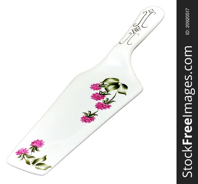 Porcelain cake server flower-decorated. Isolated on white.