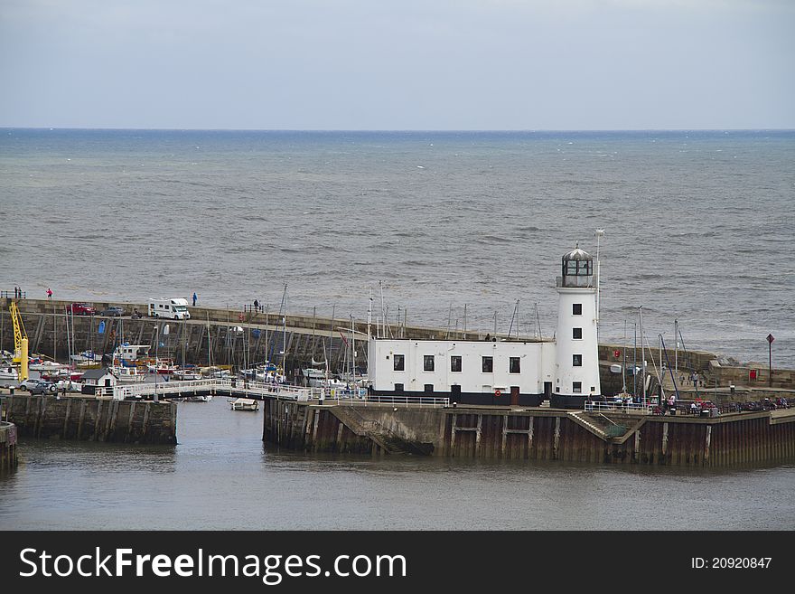 Scarborough Lighthouse on the coastline of yorkshire England