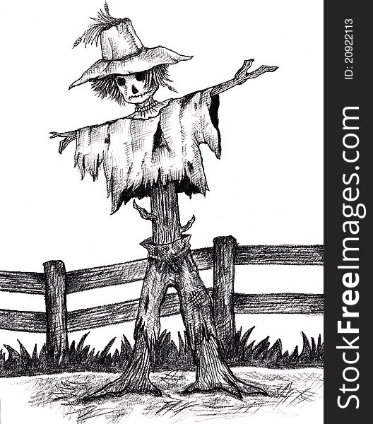 Illustration of a lonely scarecrow by a fence