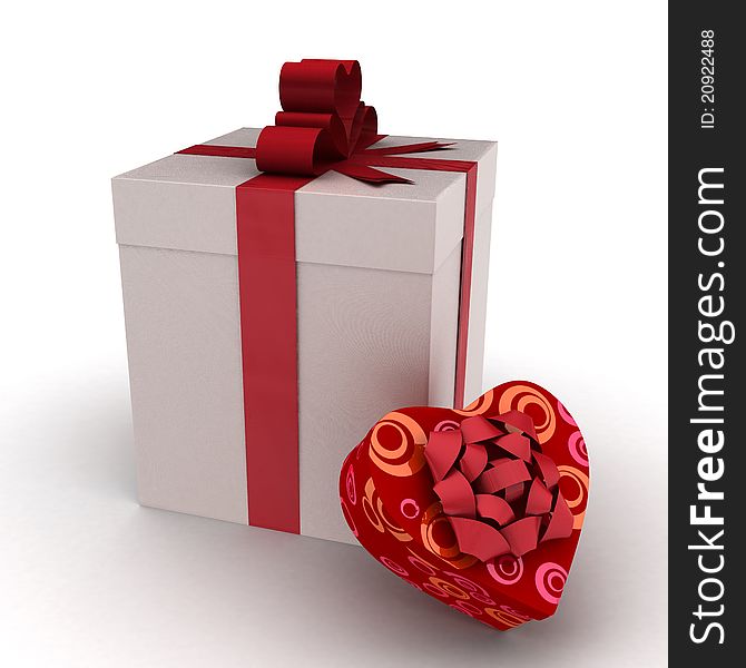 Giftbox with ribbon in shape of heart with giftbox in shape of heart. 3D illustration. Giftbox with ribbon in shape of heart with giftbox in shape of heart. 3D illustration