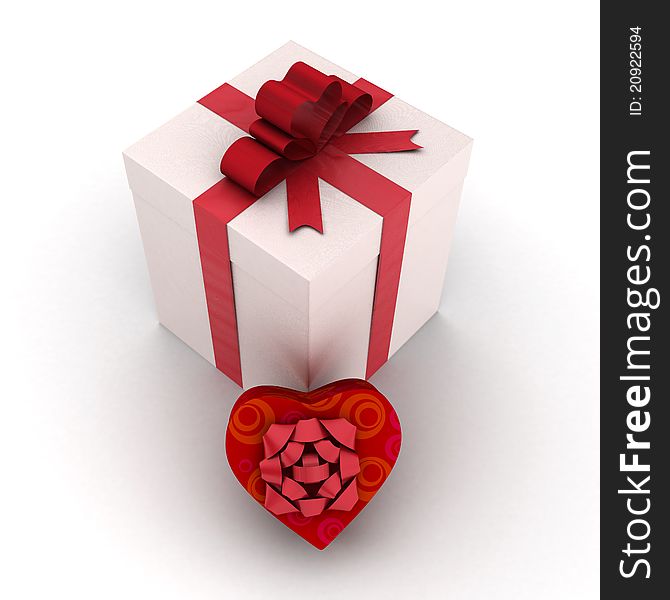 Giftbox with ribbon in shape of heart with giftbox in shape of heart. 3D illustration. Giftbox with ribbon in shape of heart with giftbox in shape of heart. 3D illustration