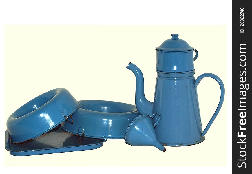 Blue Enamel Kitchenware. Cofee pot, two ring moulds, a gas ring tray, and a funnel.