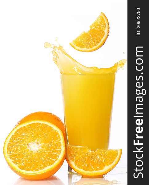 Fresh and cold orange juice against white background