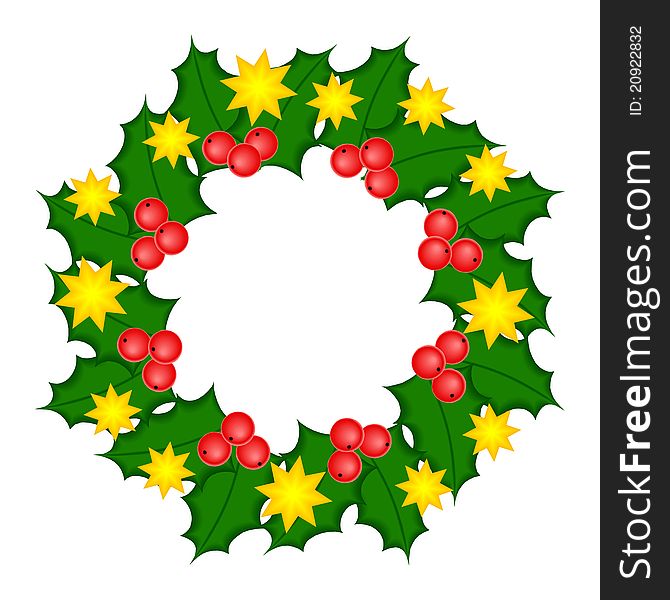Christmas Illustration: Holy wreath with green leaves, red ripe berries and yellow shiny stars isolated on a white background. Christmas Illustration: Holy wreath with green leaves, red ripe berries and yellow shiny stars isolated on a white background.