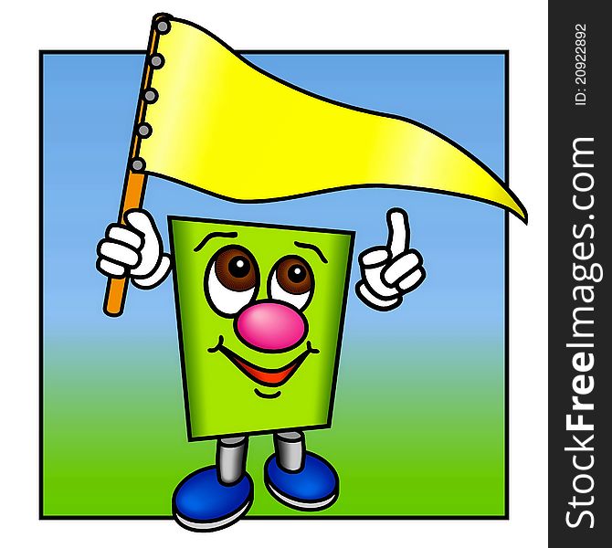 Illustration of a funny brown-eyed, green guy breaking the frame while pointing at a yellow flag with plenty of space for your own text. Illustration of a funny brown-eyed, green guy breaking the frame while pointing at a yellow flag with plenty of space for your own text.