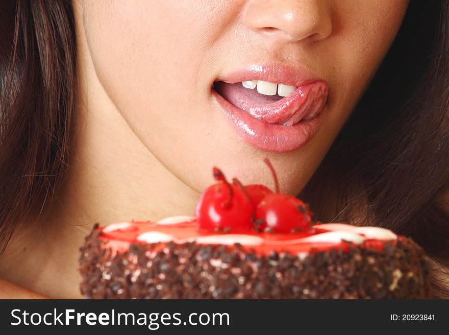 Woman hold cake in hands isolated on white. Woman hold cake in hands isolated on white