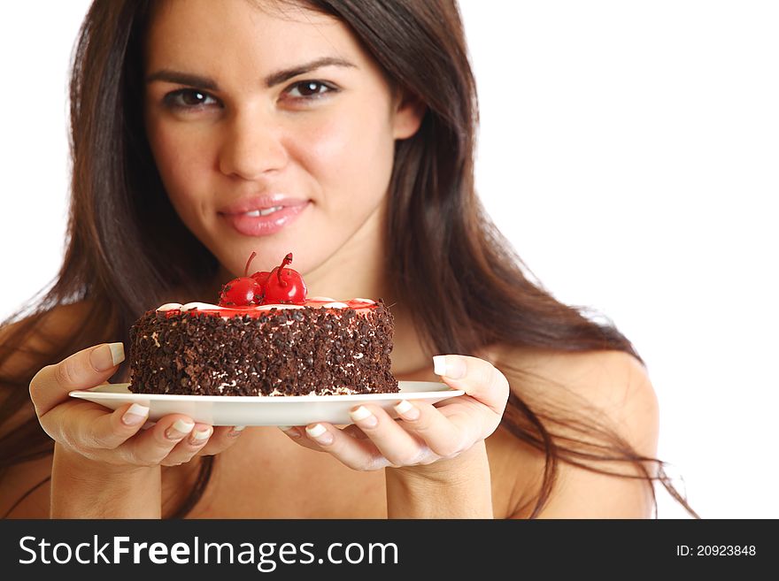 Woman hold cake in hands isolated on white. Woman hold cake in hands isolated on white