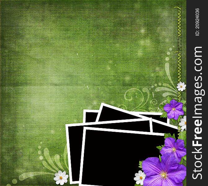Frame for photos over green shabby background with violet and white flowers. Frame for photos over green shabby background with violet and white flowers