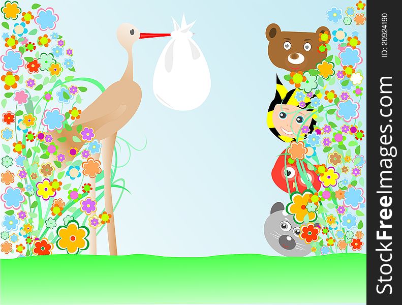 Cartoon animals and baby viewing stork with bag
