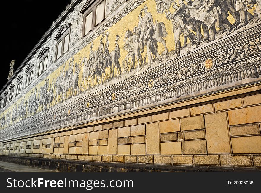 Fuerstenzug (Procession of Princes) at night, Dresden (Germany). Fuerstenzug (Procession of Princes) at night, Dresden (Germany)