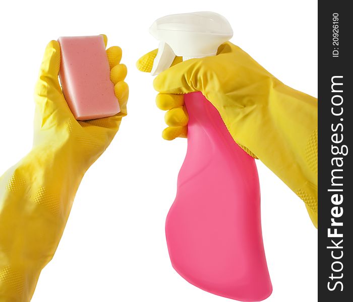 Hands in yellow gloves hold sprayer and sponge, isolated on white background. Hands in yellow gloves hold sprayer and sponge, isolated on white background