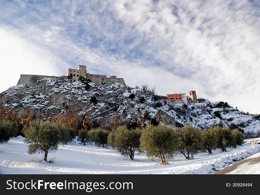 Ancient village on the hill in winter. Ancient village on the hill in winter