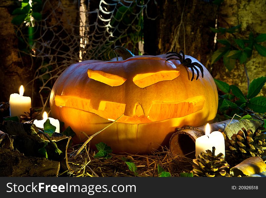 Spooky halloween pumpkin in the attic. Spooky halloween pumpkin in the attic