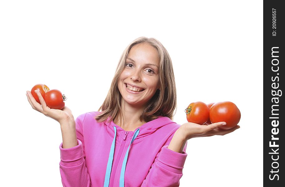 Woman with tomatoes, isolated on white