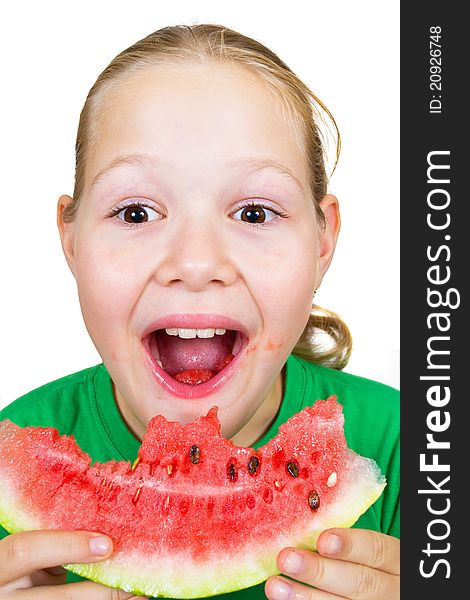 Picture of young girl and a slice of watermelon on white