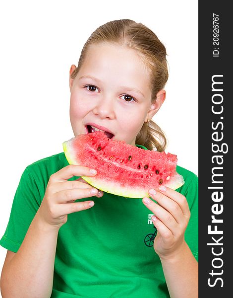 Picture of young girl and a slice of watermelon on white