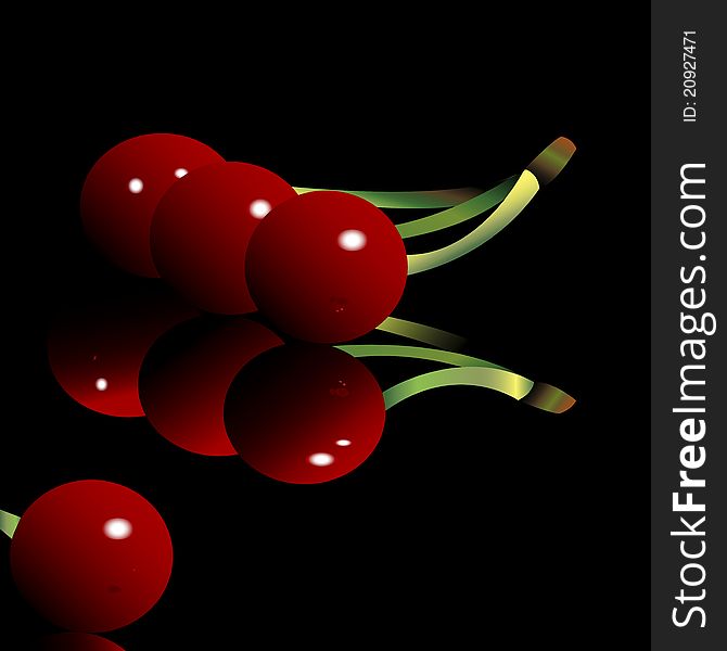 Red cherries on black background illustration