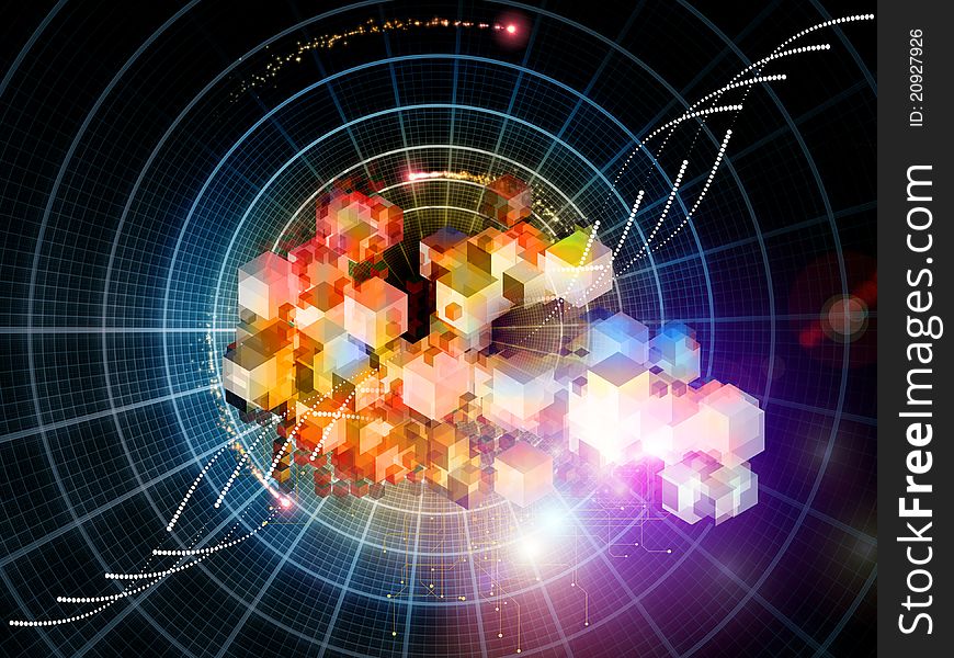 Interplay of cubic forms, lights and abstract elements on the subject of digital data transfer and storage. Interplay of cubic forms, lights and abstract elements on the subject of digital data transfer and storage