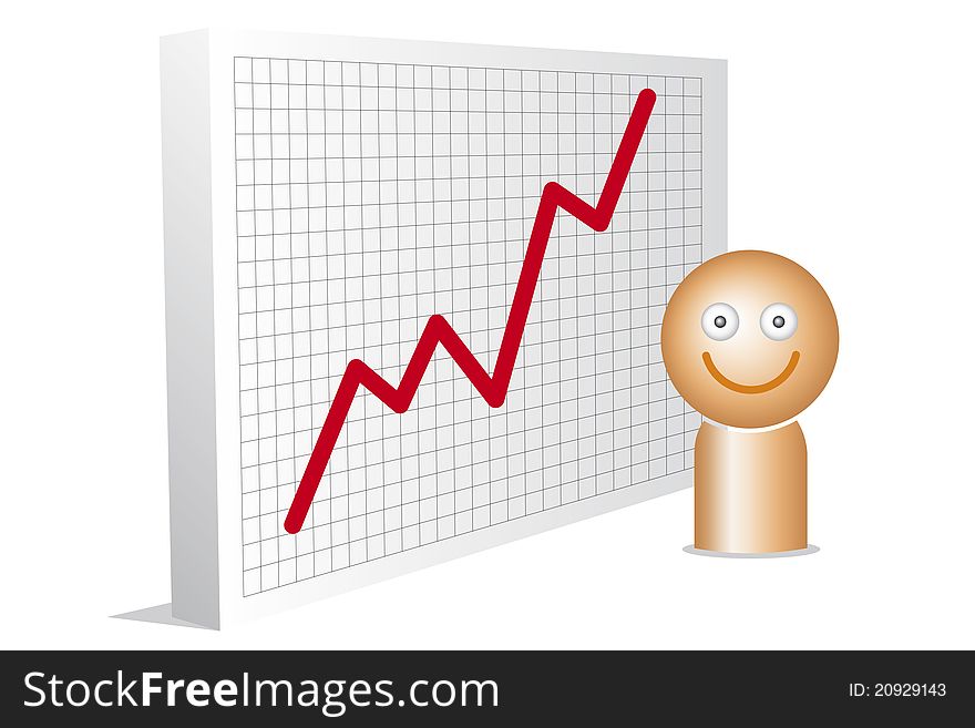 Optimistic orange man with chart, llustration, 3D style, standing. Optimistic orange man with chart, llustration, 3D style, standing